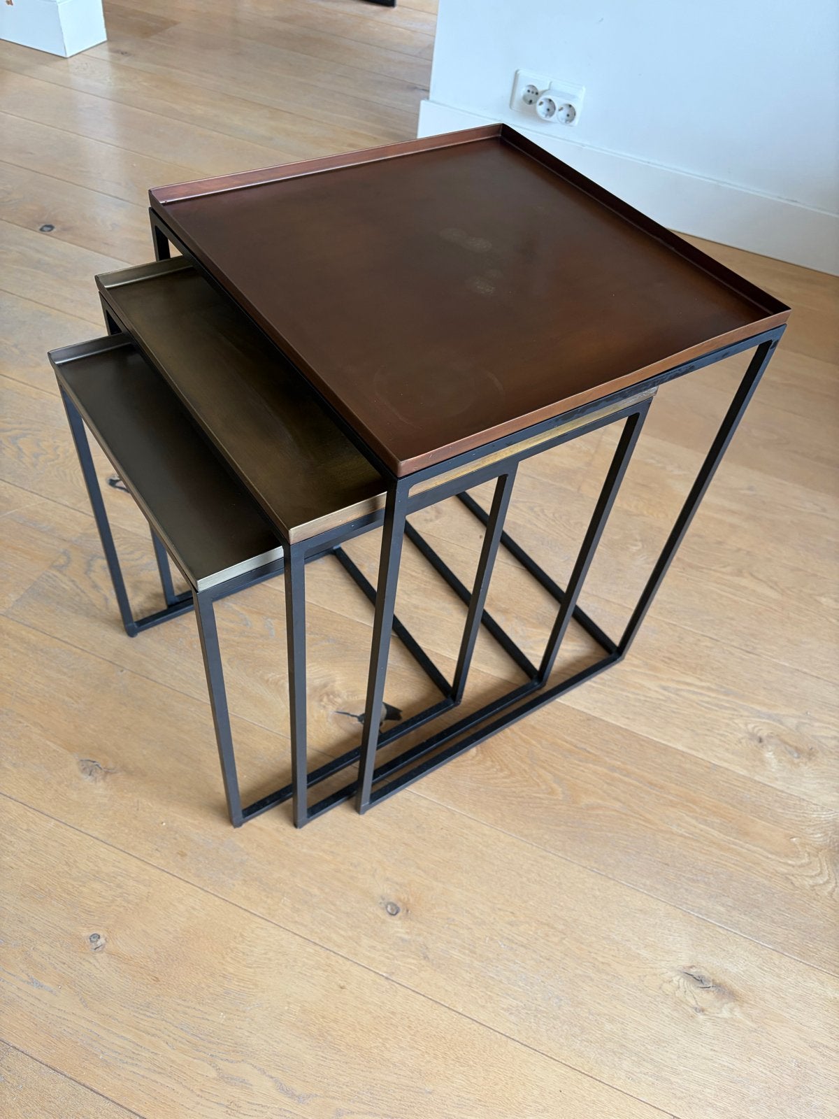 Set van 3 bijzettafels, metaal, industrieel design, Huis en Inrichting, Tafels | Bijzettafels, Minder dan 55 cm, Gebruikt, Metaal of Aluminium