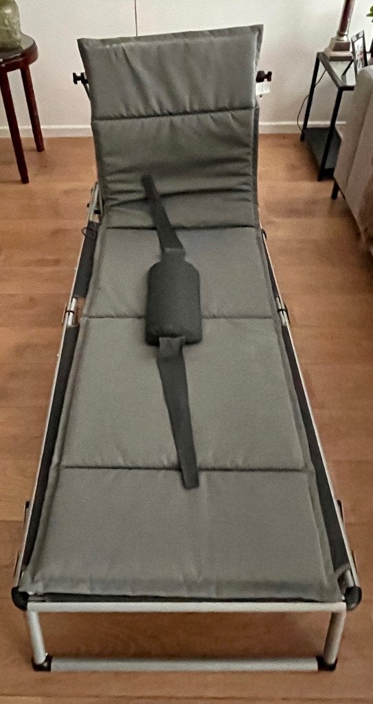 Tuinligbed verstelbaar met zonneklep en kussen, Tuin en Terras, Ophalen, Zo goed als nieuw, Aluminium, Verstelbaar