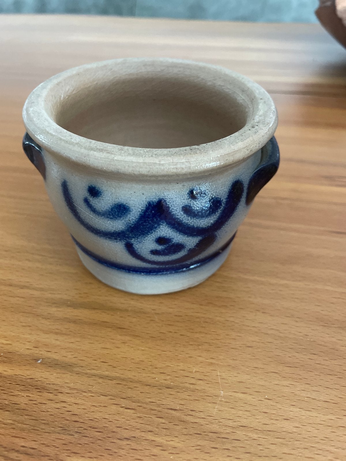 Vintage aardewerk potje met blauw decor, Ophalen