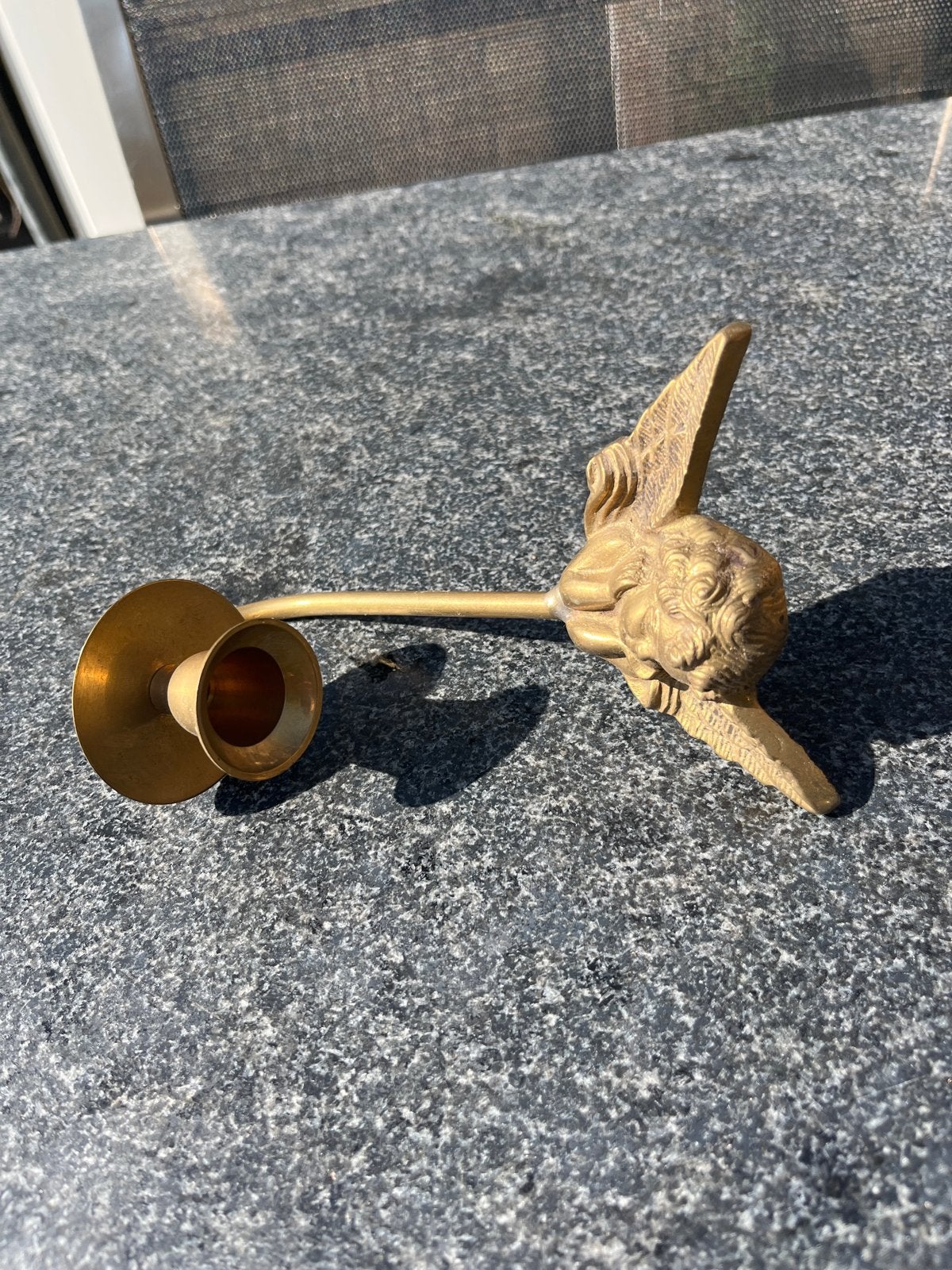 Antieke koperen kandelaar met engel, Ophalen of Verzenden, Koper of Brons