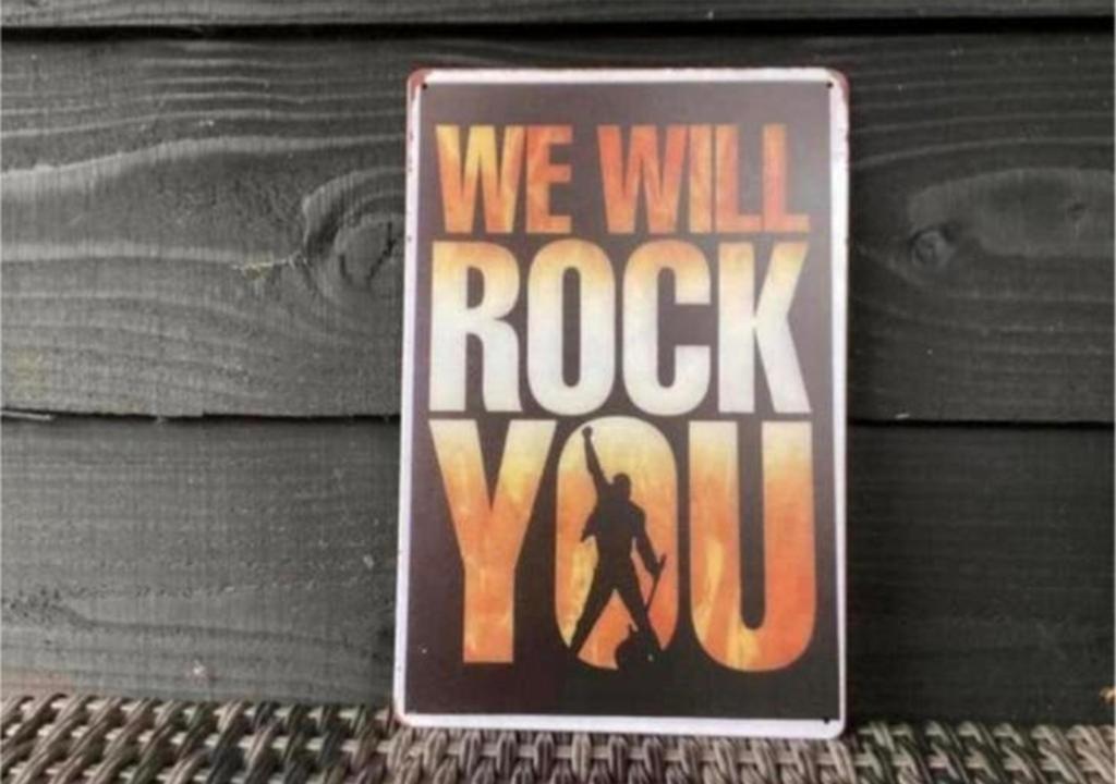 Metalen wandbord “We Will Rock You” – rock/mancave stijl, Ophalen of Verzenden, Zo goed als nieuw, Reclamebord