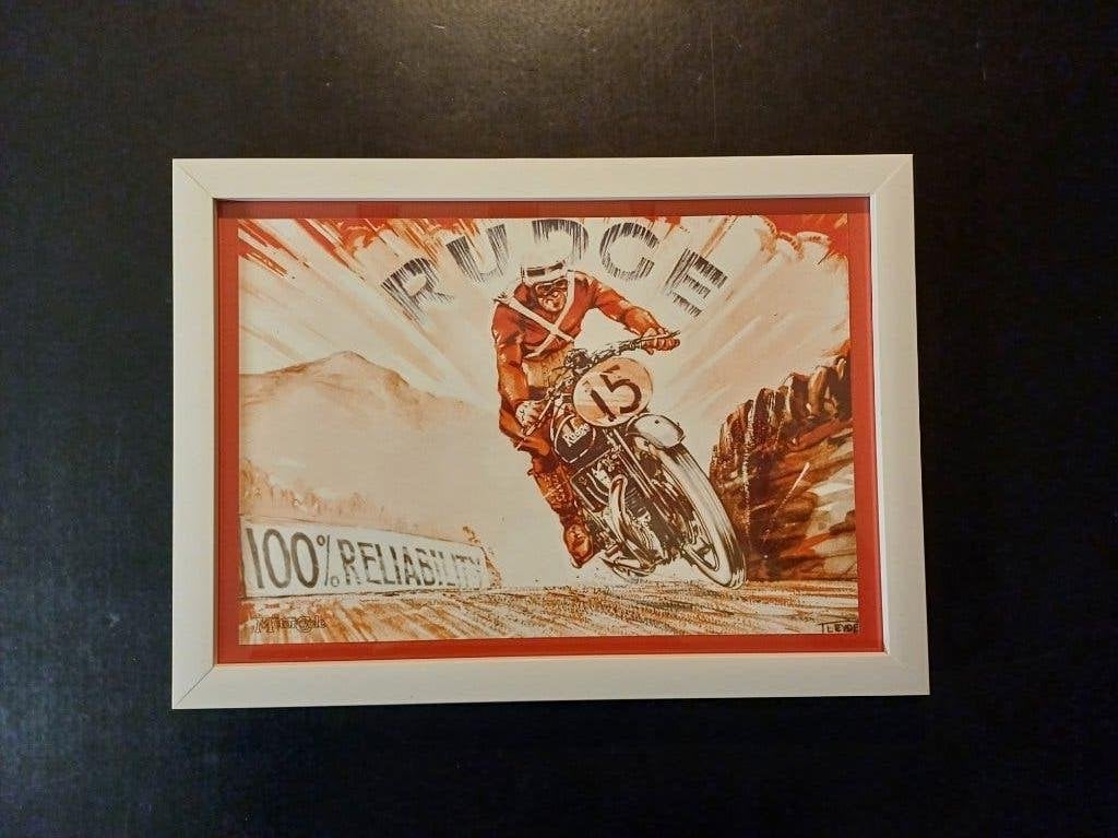 RUDGE Motorcyle reclame poster afbeelding kader, Gebruikt, Rechthoekig Liggend, Ophalen of Verzenden, A1 t/m A3