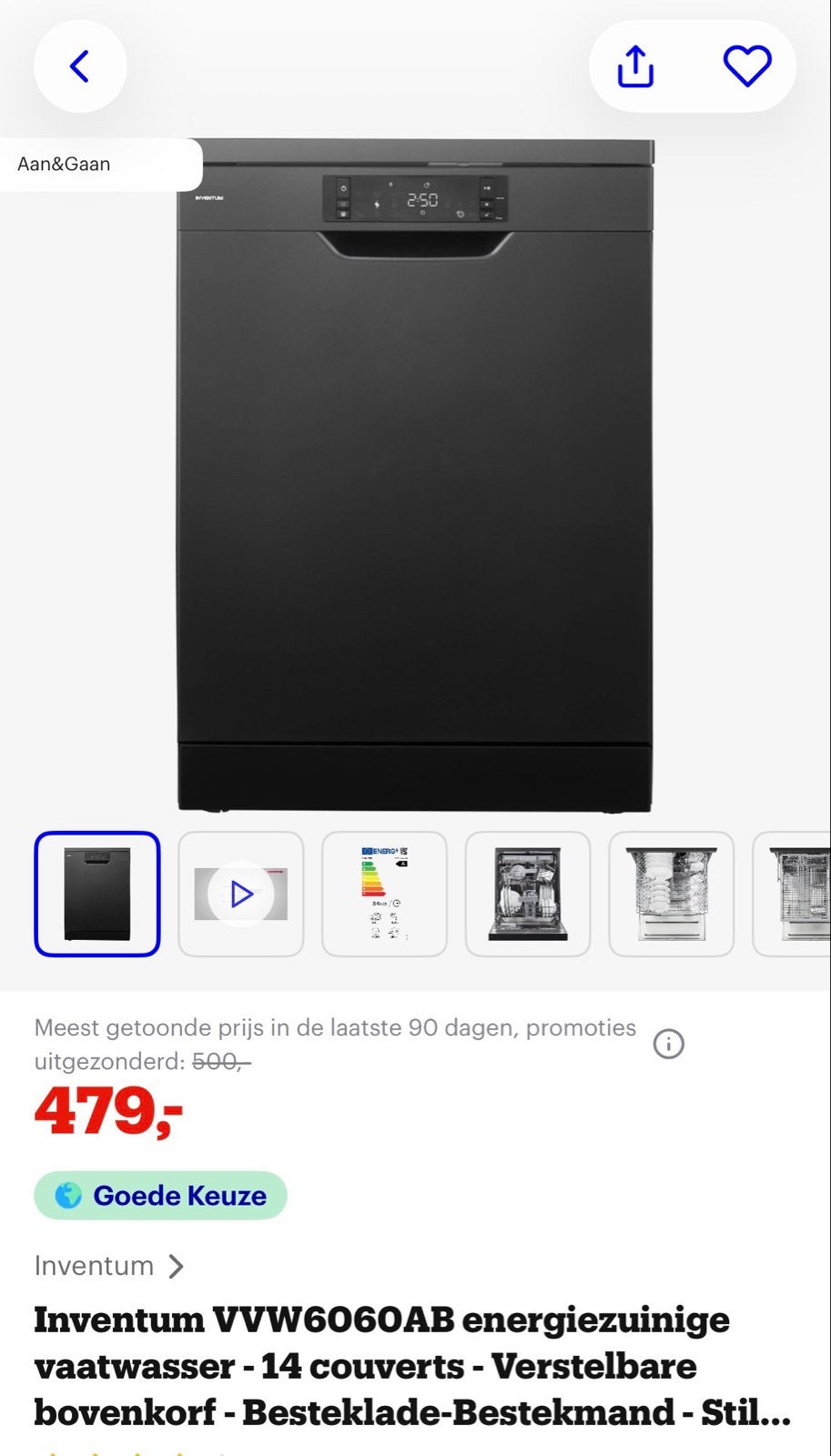 Inventum VWV6060AB energiezuinige vaatwasser - Zwart, Witgoed en Apparatuur, Vaatwasmachines, Ophalen, 60 cm of meer, Minder dan 10 liter