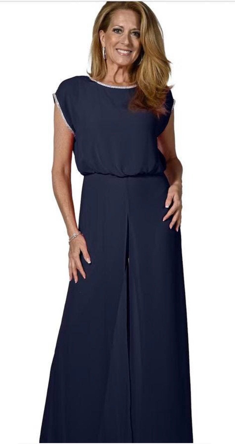 Frank Lyman luxe jumpsuit donkerblauw chiffon laag strass 42, Verzenden, Nieuw, Maat 42/44 (L), Blauw