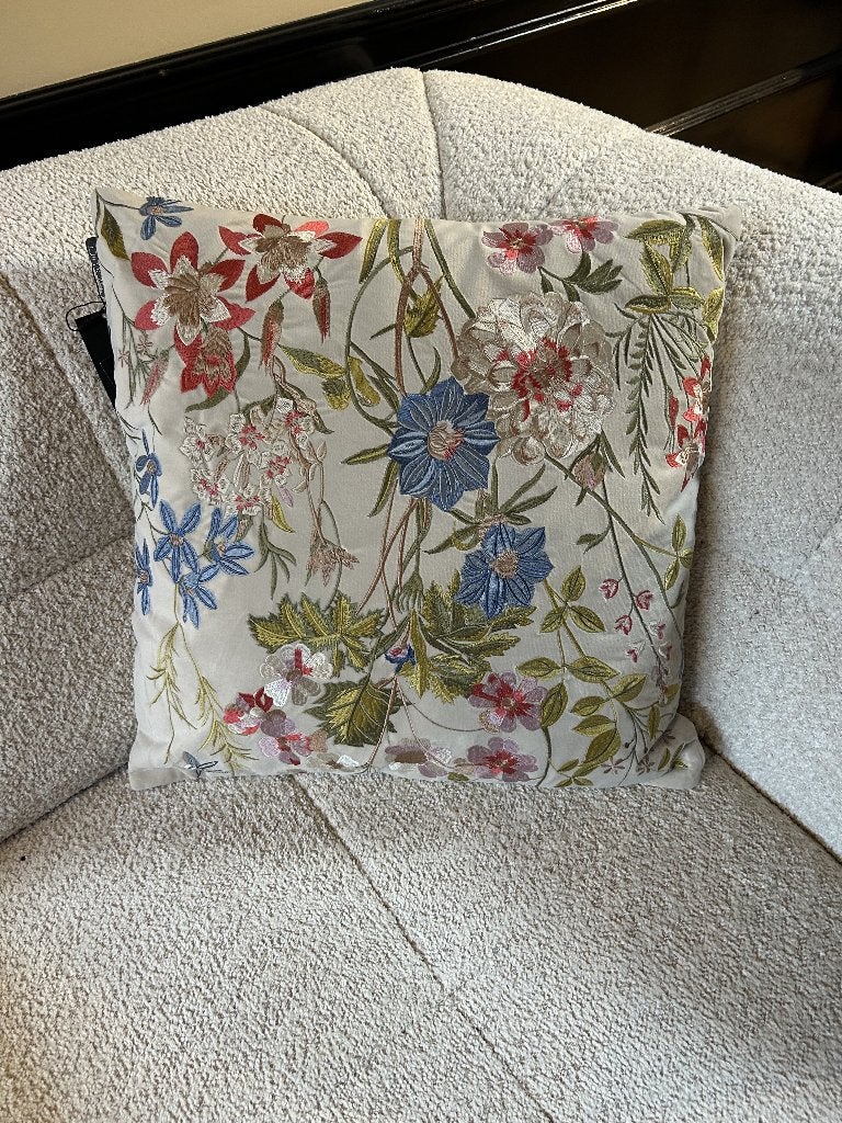 Crème kussens met gekleurde bloemen, Ophalen, Beige, Met print, Vierkant