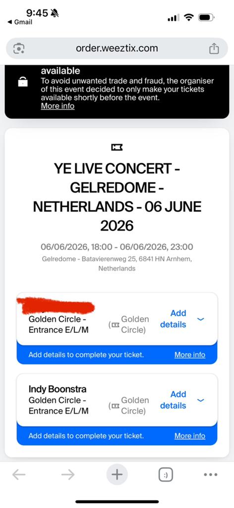 YE LIVE CONCERT - GOLDEN CIRCLE - Gelredome - Netherlands, Twee personen, Juni