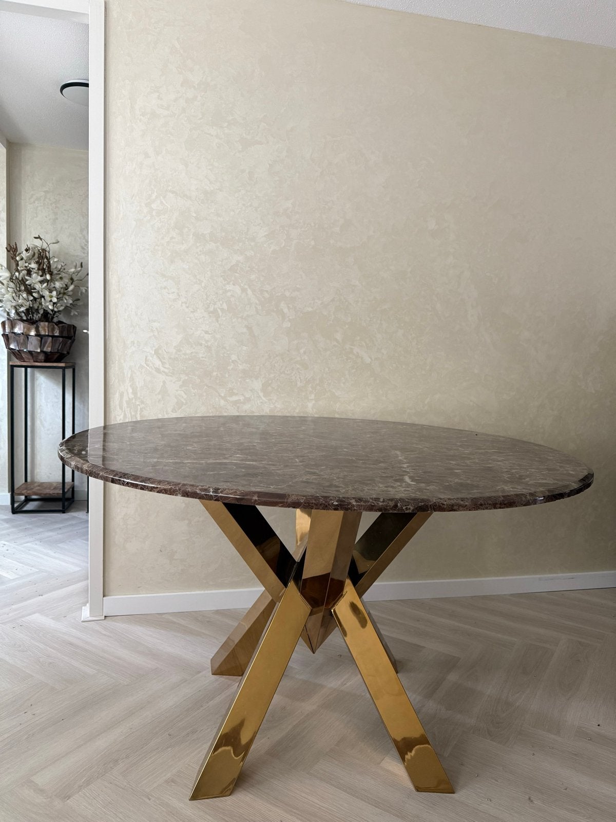 Ronde marmeren eettafel met gouden onderstel, Huis en Inrichting, Ophalen, Overige materialen, 100 tot 150 cm, Rond
