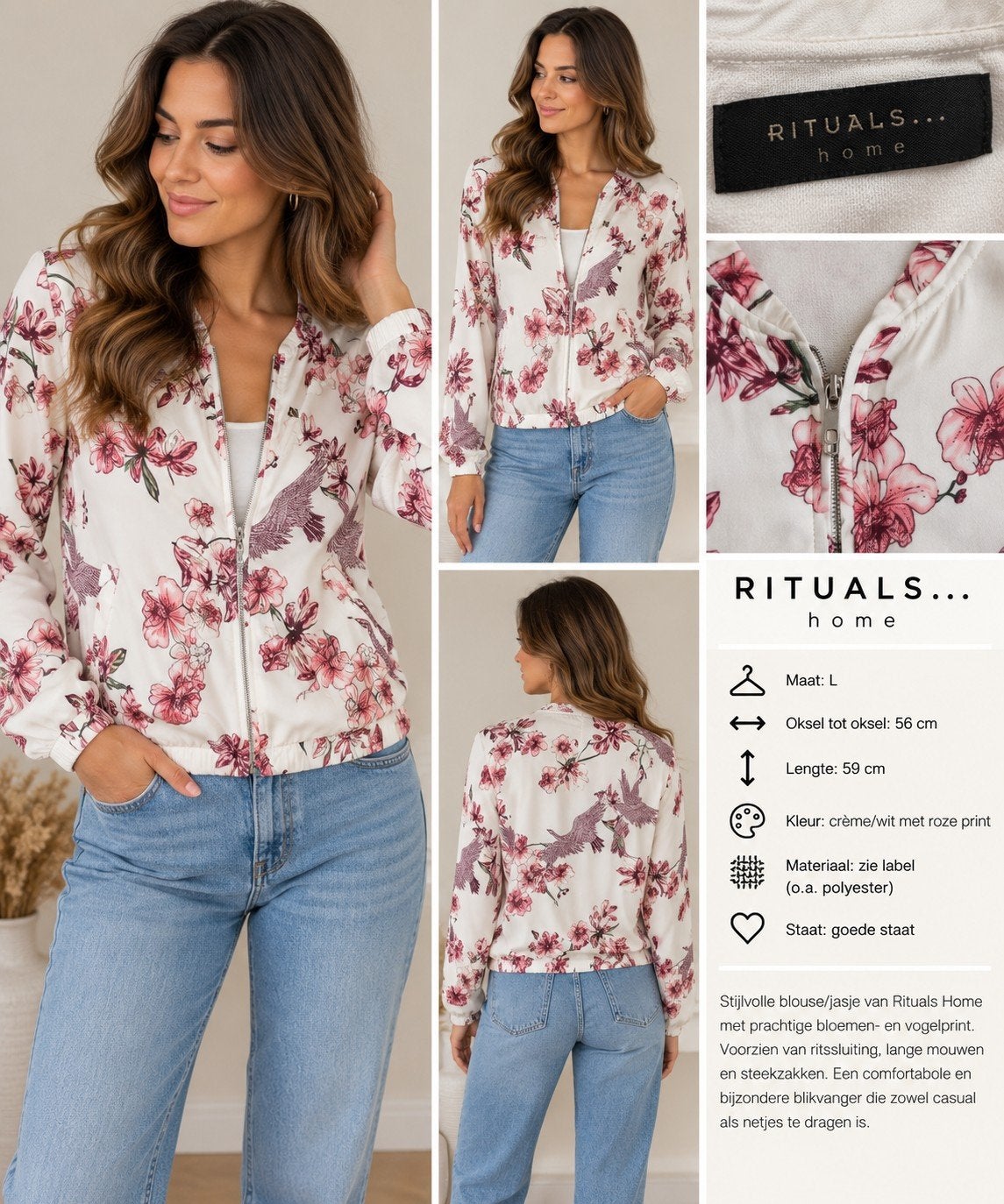 Rituals Home dames blouse/jasje – bloemenprint – maat L, Kleding | Dames, Wit, Maat 42/44 (L), Zo goed als nieuw, Rituals