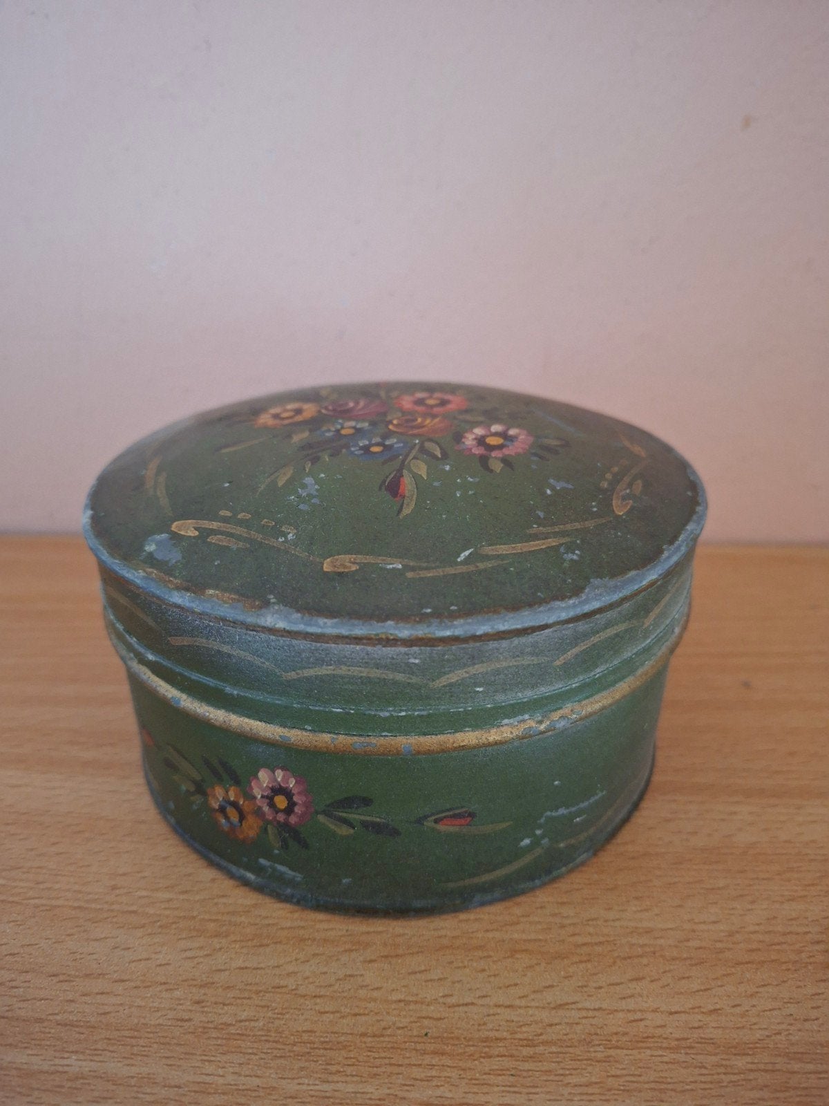 Vintage Groene blikje met Bloemmotief, Ophalen of Verzenden