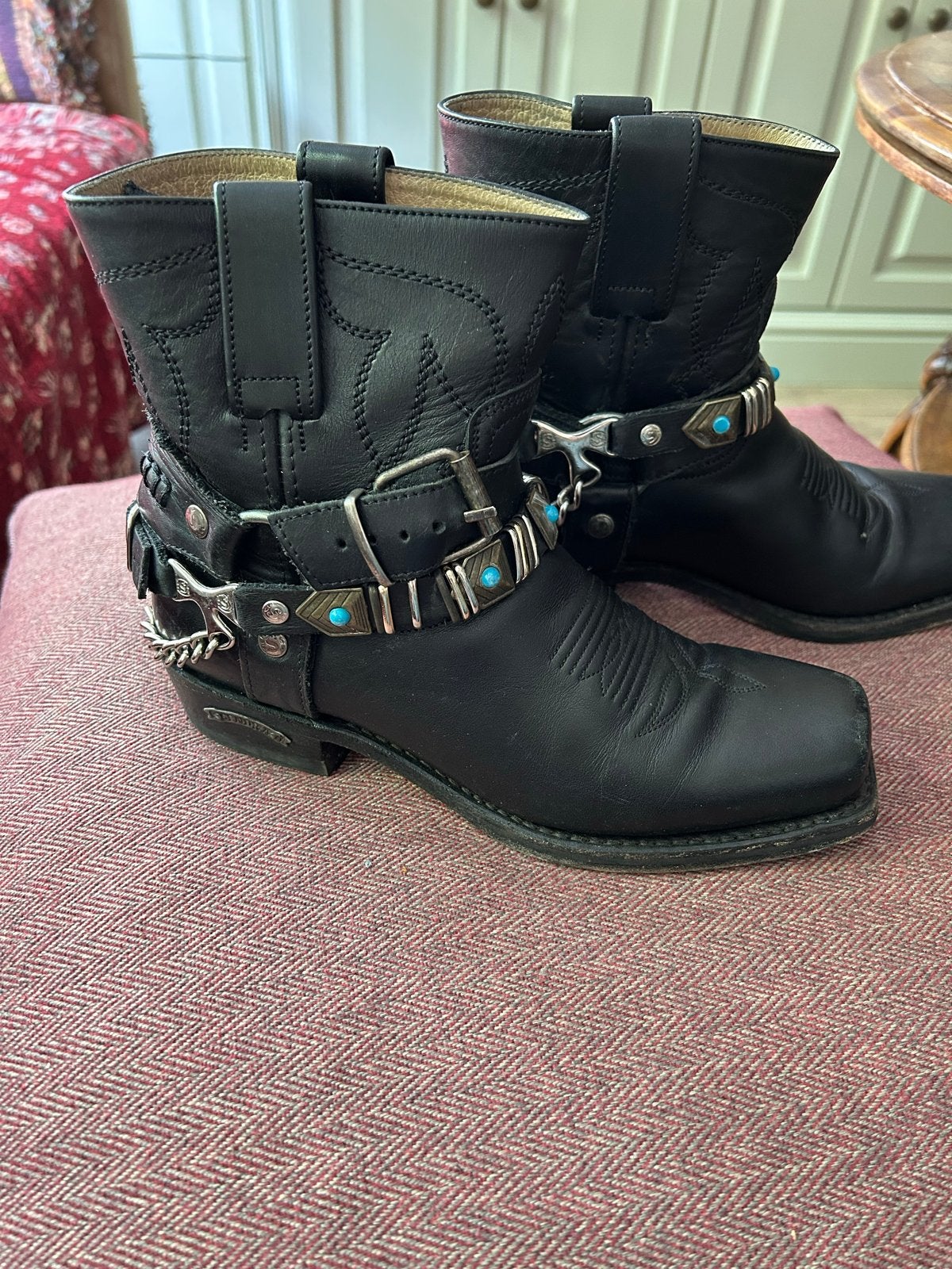 Sendra zwarte leren enkellaarzen met turquoise ‘sporen’, Ophalen of Verzenden, Gedragen, Zwart, Lage of Enkellaarzen