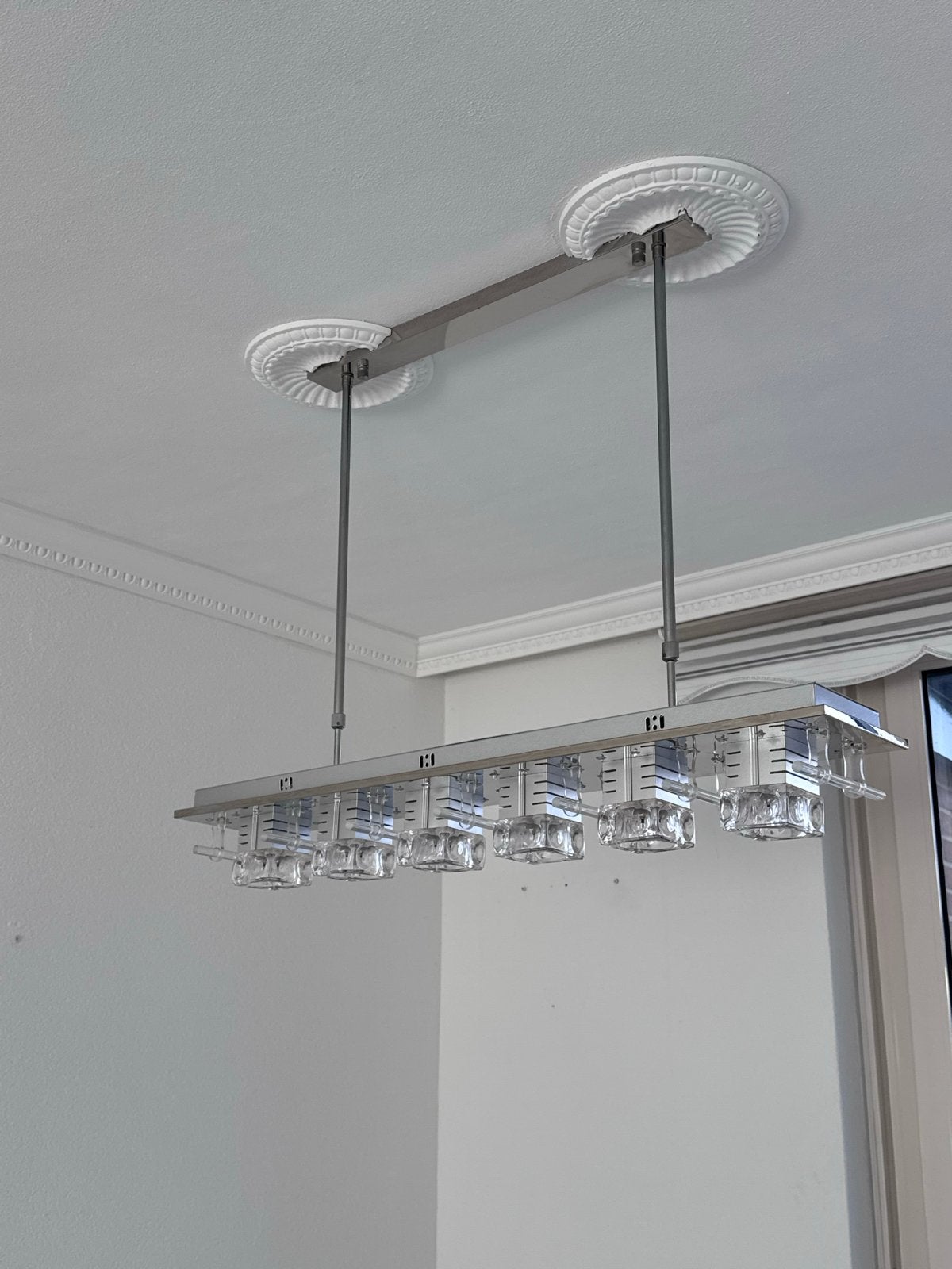 Moderne hanglamp met 6 glazen kubussen, Ophalen of Verzenden, Zo goed als nieuw, Glas, Overige fittingen