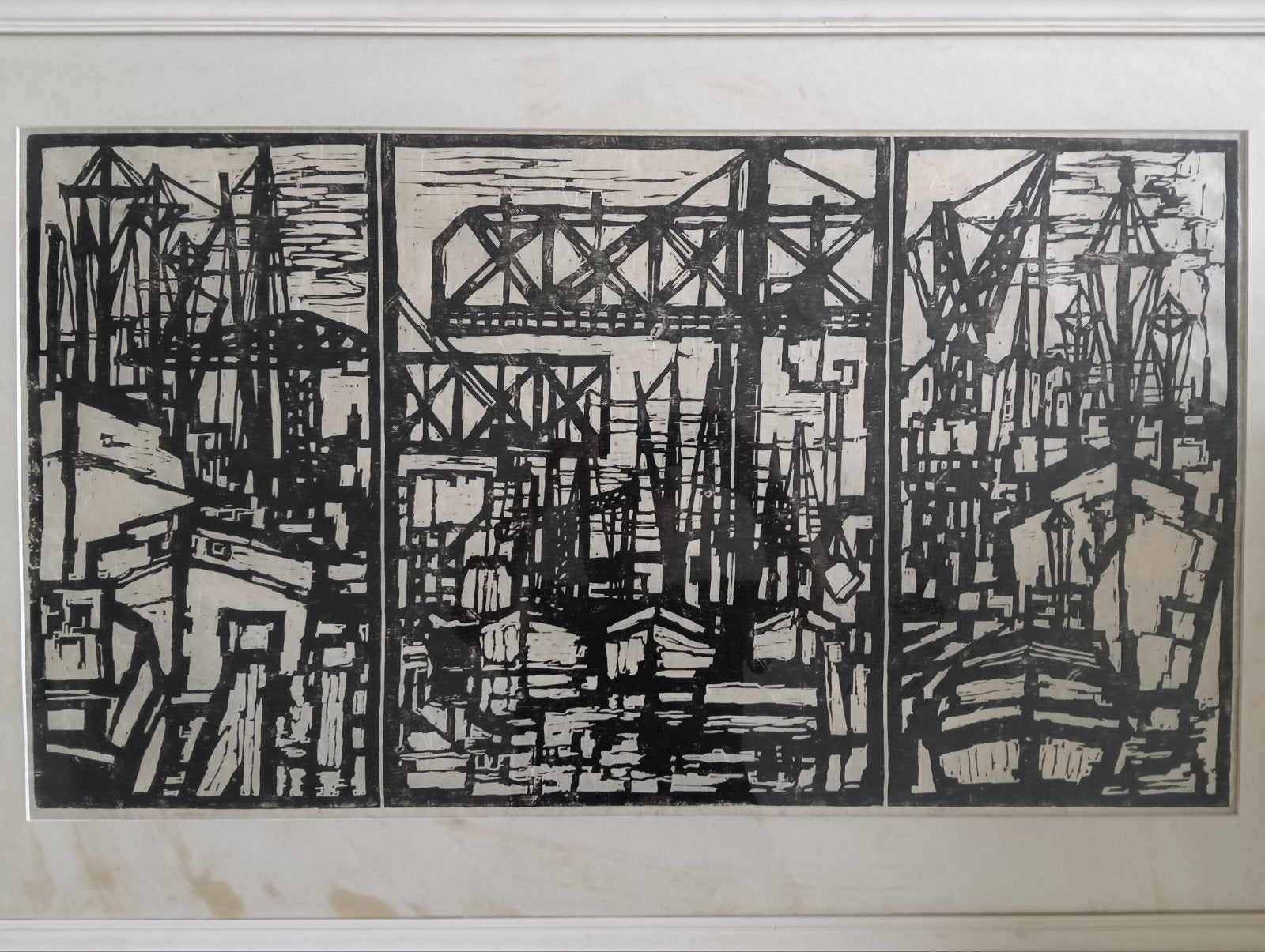 P.J Mulders ? - Scheepswerf - Triptiek  Werf Gusto schiedam, Ophalen of Verzenden, Houtsnede, 1950 - 1999