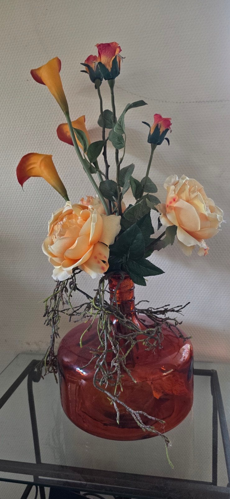 Glazen vaas met kunstbloemen - Oranje/Perzik 70 cm hoog, Ophalen, Inclusief decoratie, Oranje, Glas