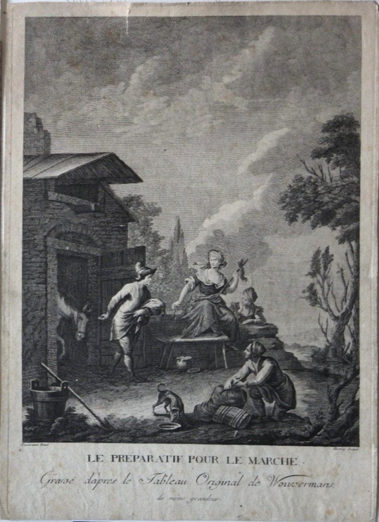 J. Hervey n Wouwerman gravure "Le Préparatif pour le Marché", Ophalen, Dagelijks leven, Gravure, Met tekst