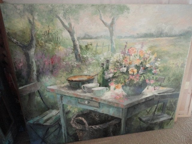 schilderij LAURA WIJSMAN - GEDEKTE TAFEL BUITEN 120 x 100 cm, Antiek en Kunst, Ophalen, Handgeschilderd, Stilleven