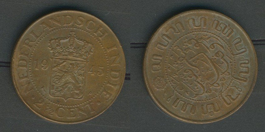 Ned Indie 2 ½ cent 1945 Indonesie WO2 Munt r-46 jdu    , Ophalen of Verzenden, Vóór koninkrijk, Overige waardes, Losse munt