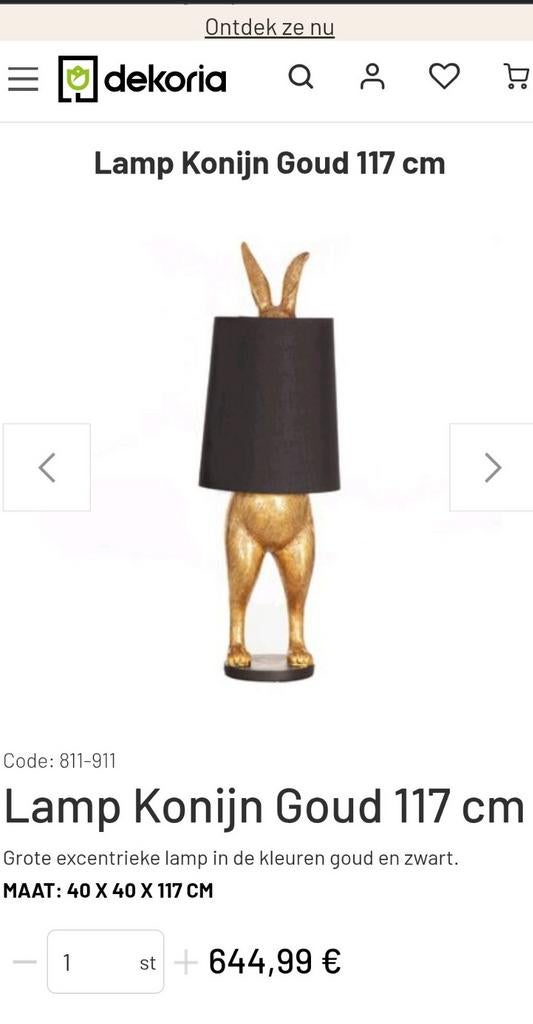 Unieke Gouden Konijn Vloerlamp met Zwarte Kap, Ophalen, 100 tot 150 cm, Zo goed als nieuw, Stof