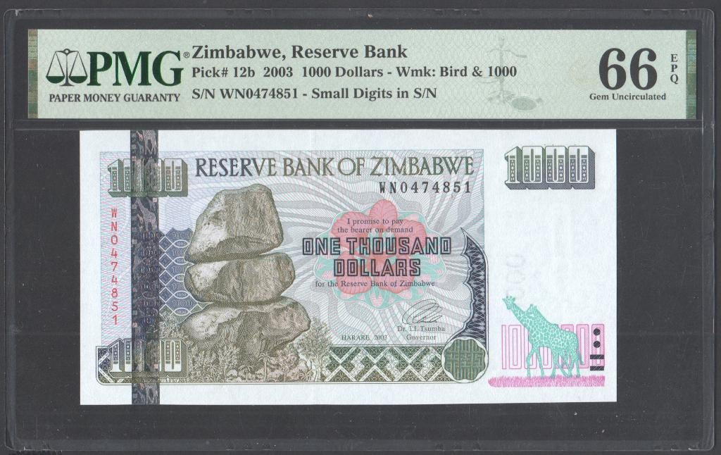 Zimbabwe 1000 Dollars 2003 Olifanten PMG 66 EPQ, Verzenden, Zimbabwe, Los biljet