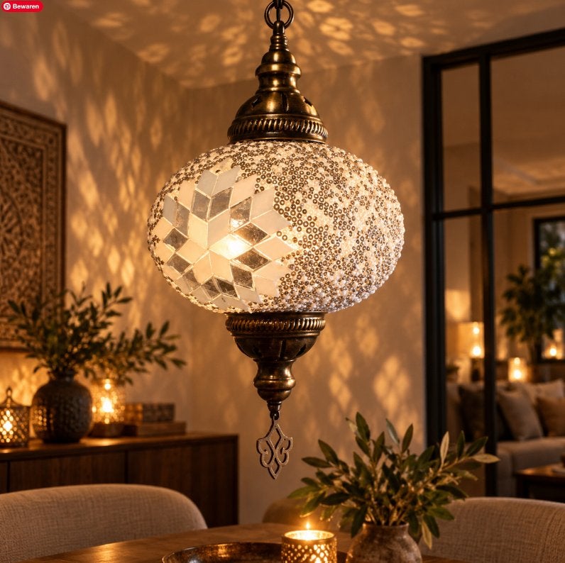 Turkse Mozaïek Hanglamp - Wit/Zilver - Ø 15cm, B2b@lampenmeubelen.nl, Turks, Oosters, Mozaïek, E14 (klein), Ophalen of Verzenden
