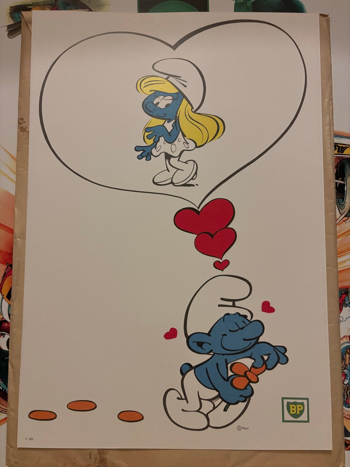 Grote oude Smurfenposter BP - Perfecte staat SMURF POSTER, Ophalen of Verzenden, Zo goed als nieuw, Verschillende Smurfen, Overige typen