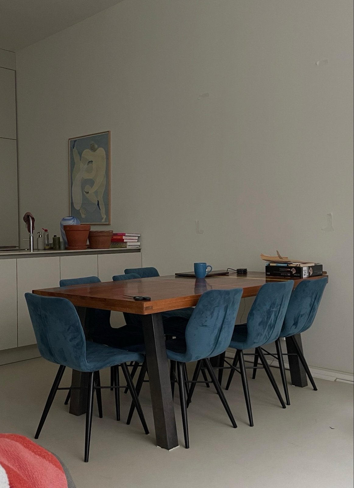 Set van 7 blauwe velours velvet  eetkamerstoelen, Ophalen, Gebruikt, Blauw, Stof