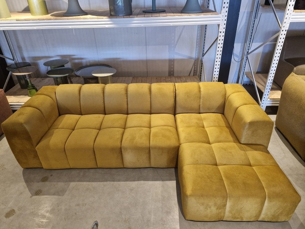 Hoekbank met chaise longue - okergeel velvet, Ophalen, 250 tot 300 cm, ., Hoekbank