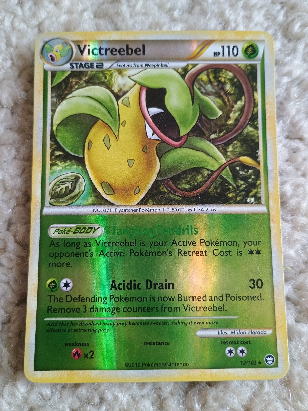 Oude pokemon kaart victreebel reverse holo 12/102, Ophalen of Verzenden, Zo goed als nieuw, Losse kaart, Foil