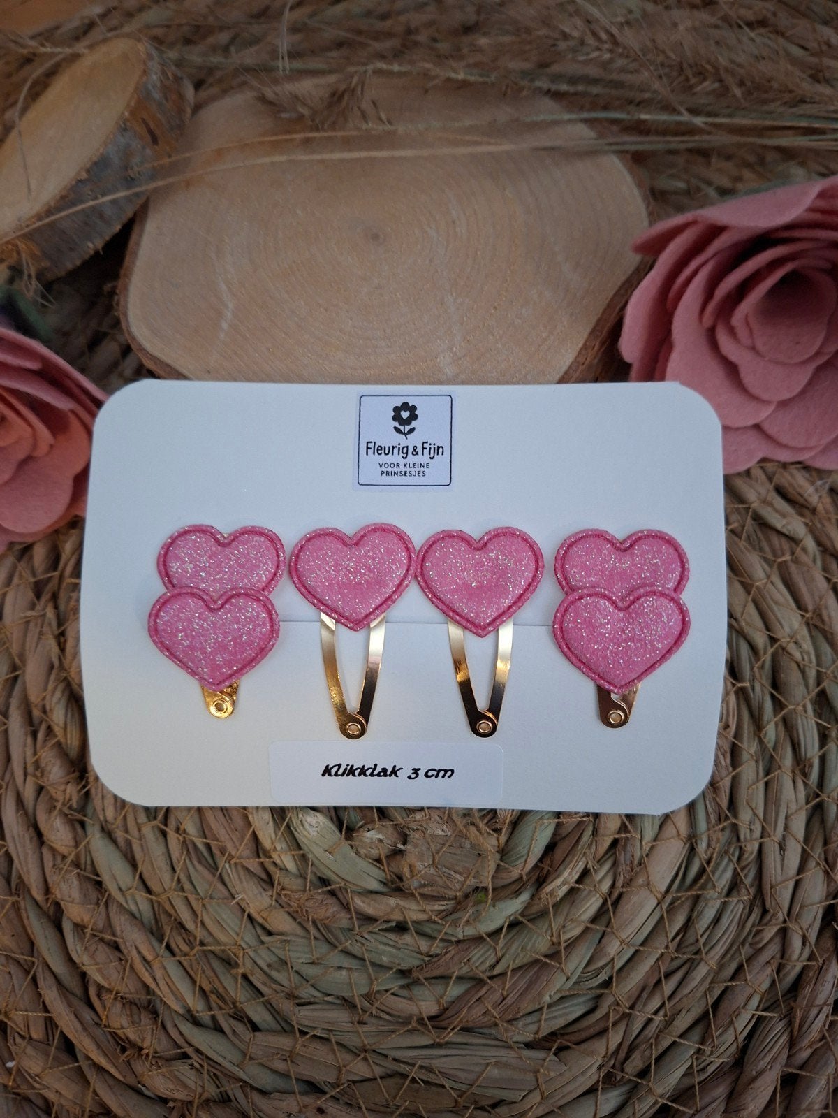 setje Klikklak 3 cm met roze hartjes, Haarspeld, Nieuw, Ophalen of Verzenden, Handgemaakt