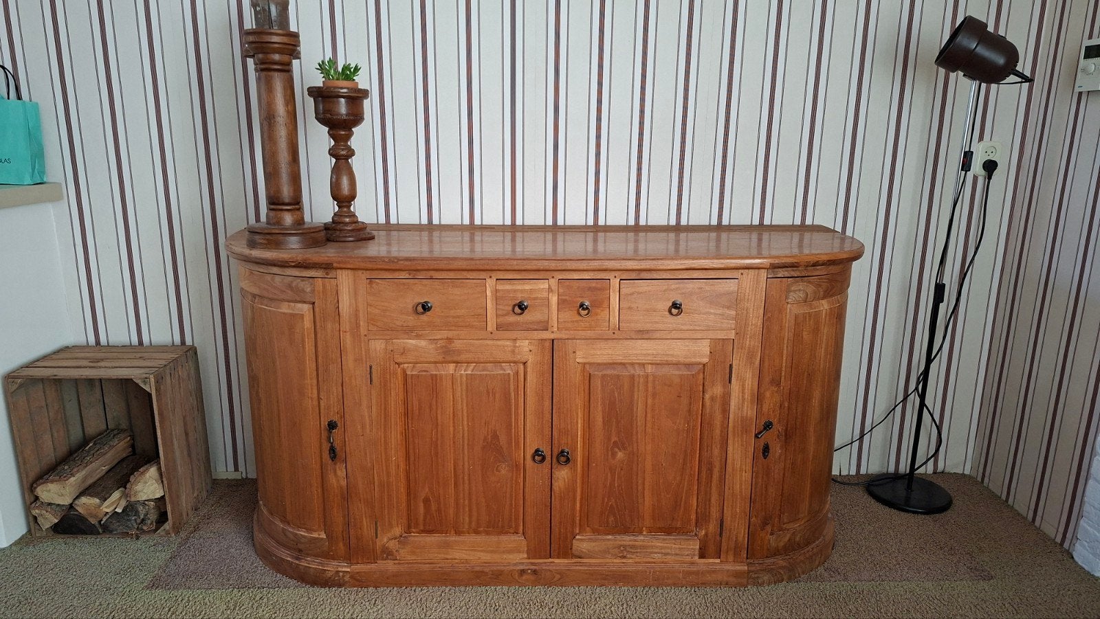 Teakhouten dressoir halfrond inclusief tv lift, Ophalen, 50 tot 75 cm, 150 tot 200 cm