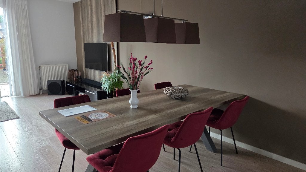 Taupe en geborsteld aluminium hanglamp met 3 stoffen kappen, Ophalen, Zo goed als nieuw, E27 (groot)