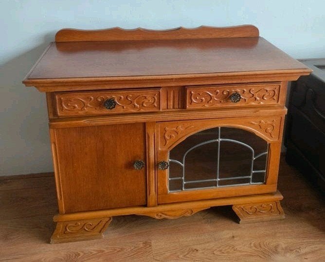 Antiek houten dressoir kastje met lades en glas-in-lood deur, Antiek en Kunst, Ophalen