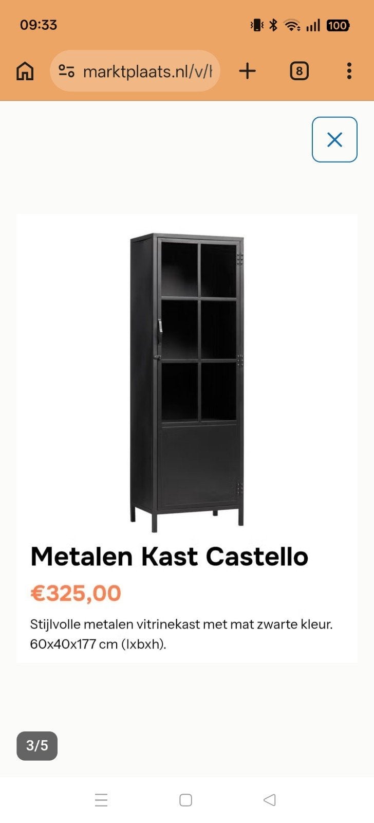 Metalen vitrinekast Castello, Ophalen, Gebruikt, Metaal, 150 tot 200 cm