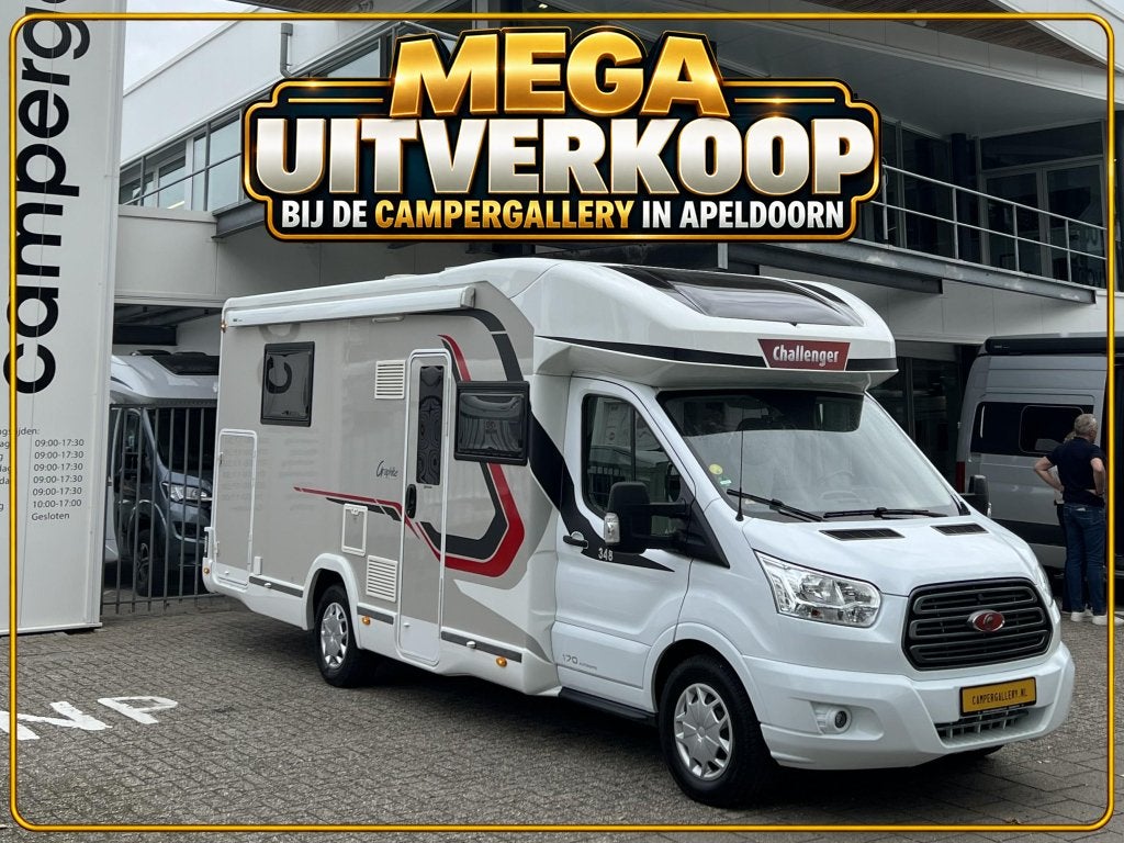 Challenger Graphite 348 QUEENSBED+HEFBED AUTOMAAT 170PK, Caravans en Kamperen, Automaat, Ford, 7 tot 8 meter, Bedrijf