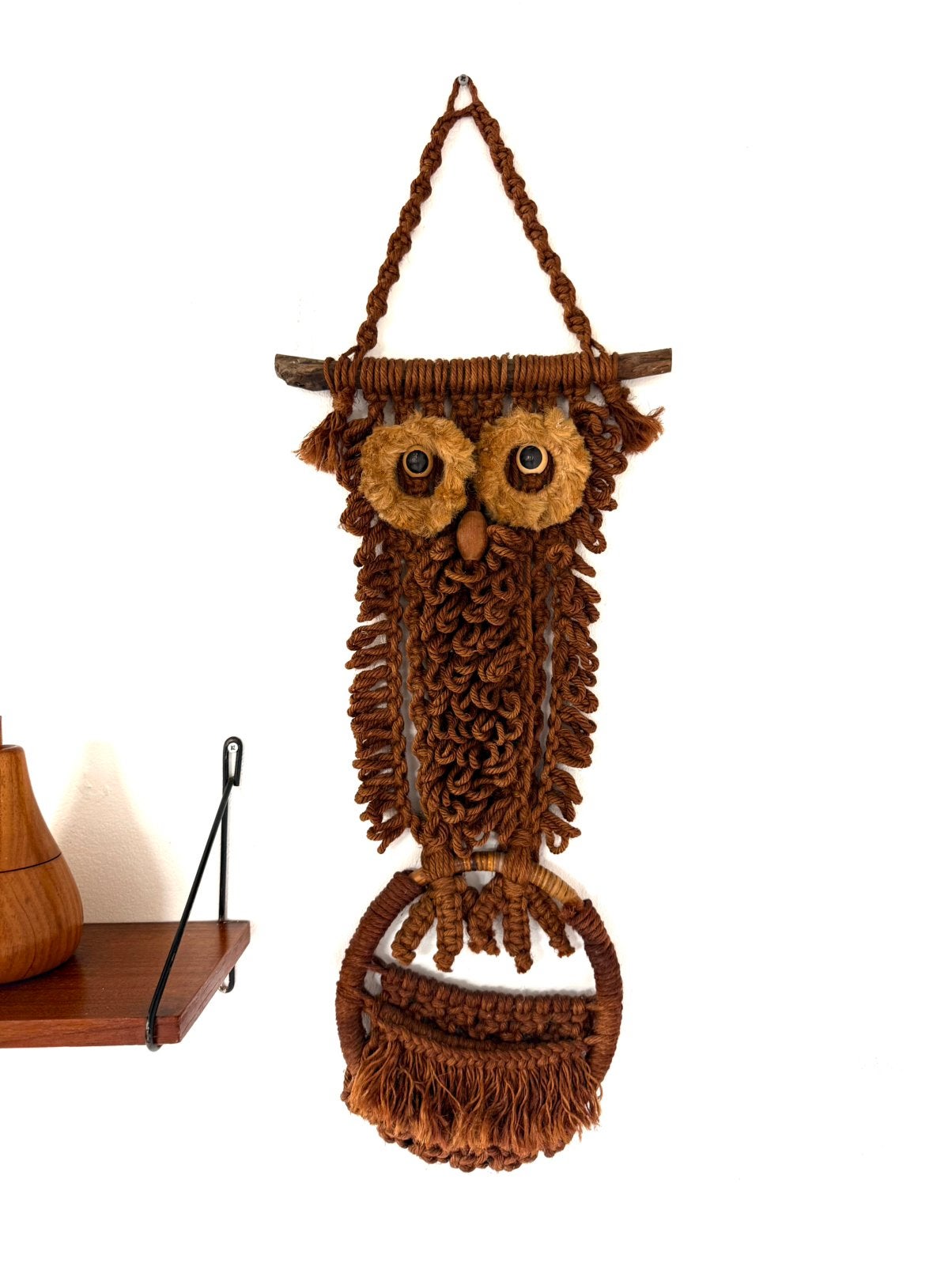 Vintage macramé uil wandhanger, jaren ‘70, 30 cm, Wandhanger, Vintage, Ophalen of Verzenden