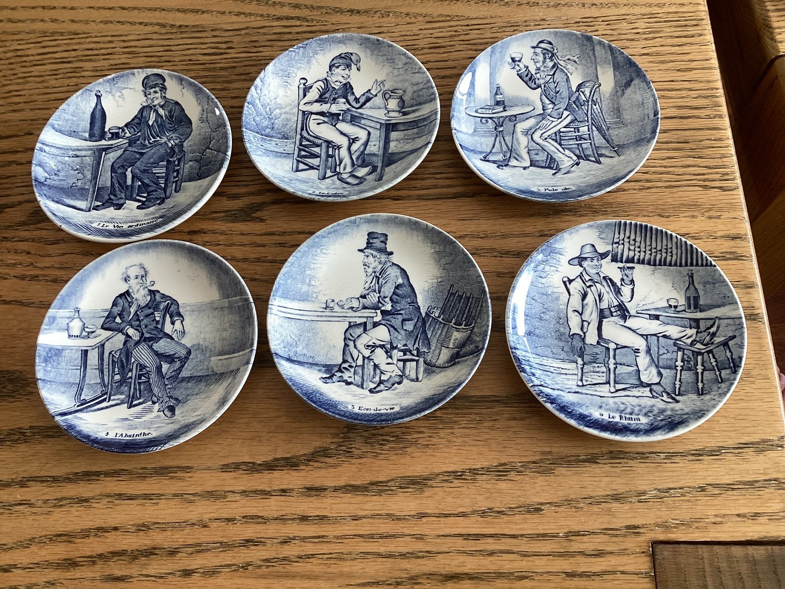 Vintage Delfts blauwe bordjes,de 6 drinkende mannetjes,Boch., Ophalen of Verzenden