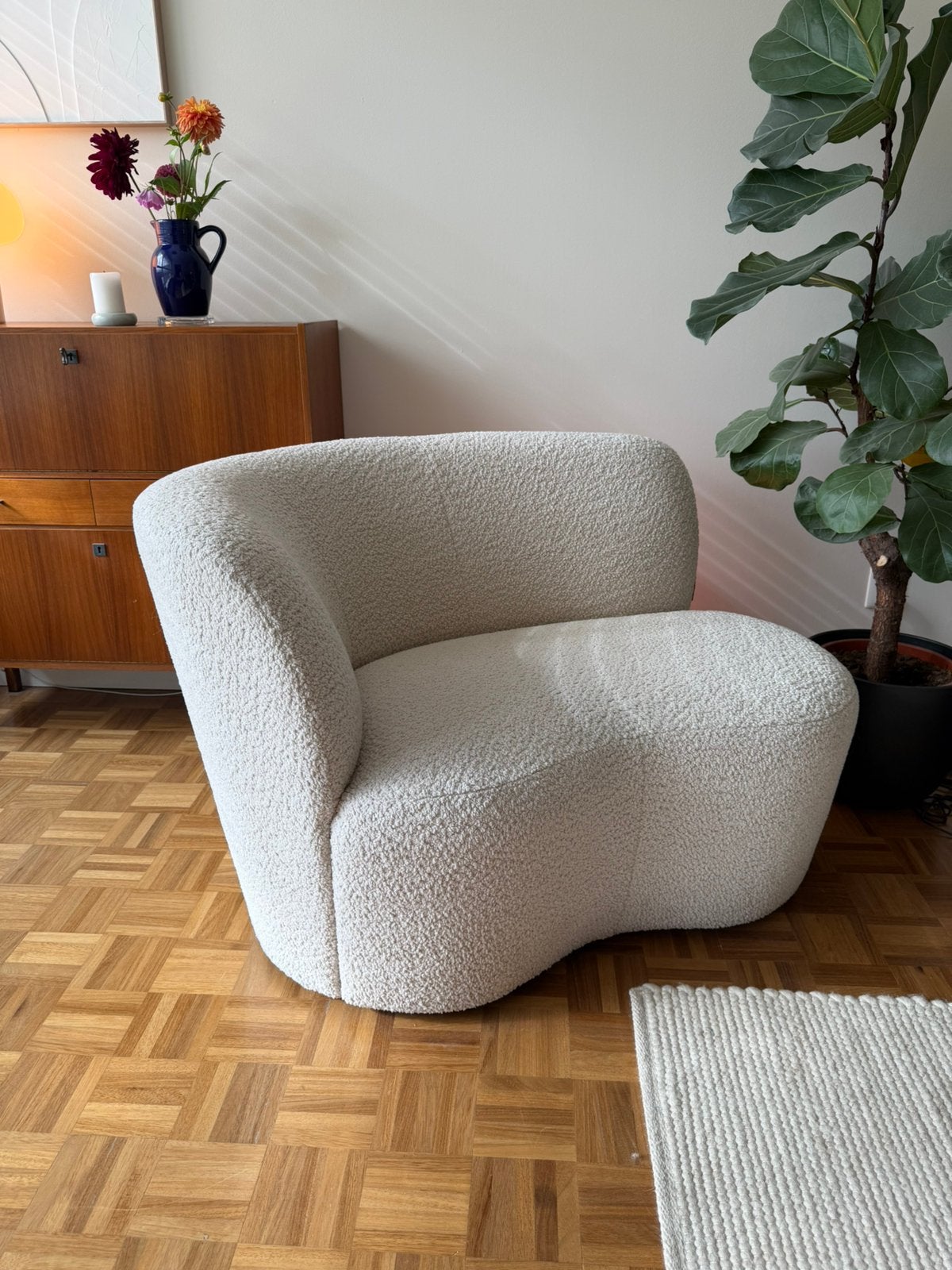 Woood fauteuil bouclé, crème, zo goed als nieuw, Ophalen, Zo goed als nieuw, 75 tot 100 cm, Stof