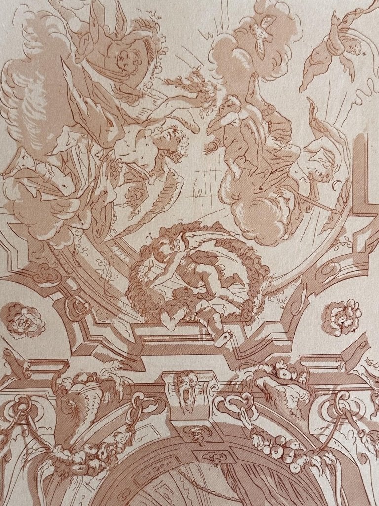 Antieke staalgravure - barok plafondontwerp - Italiaans, Ophalen of Verzenden, 30 cm, 1800 - 1899, 40 cm