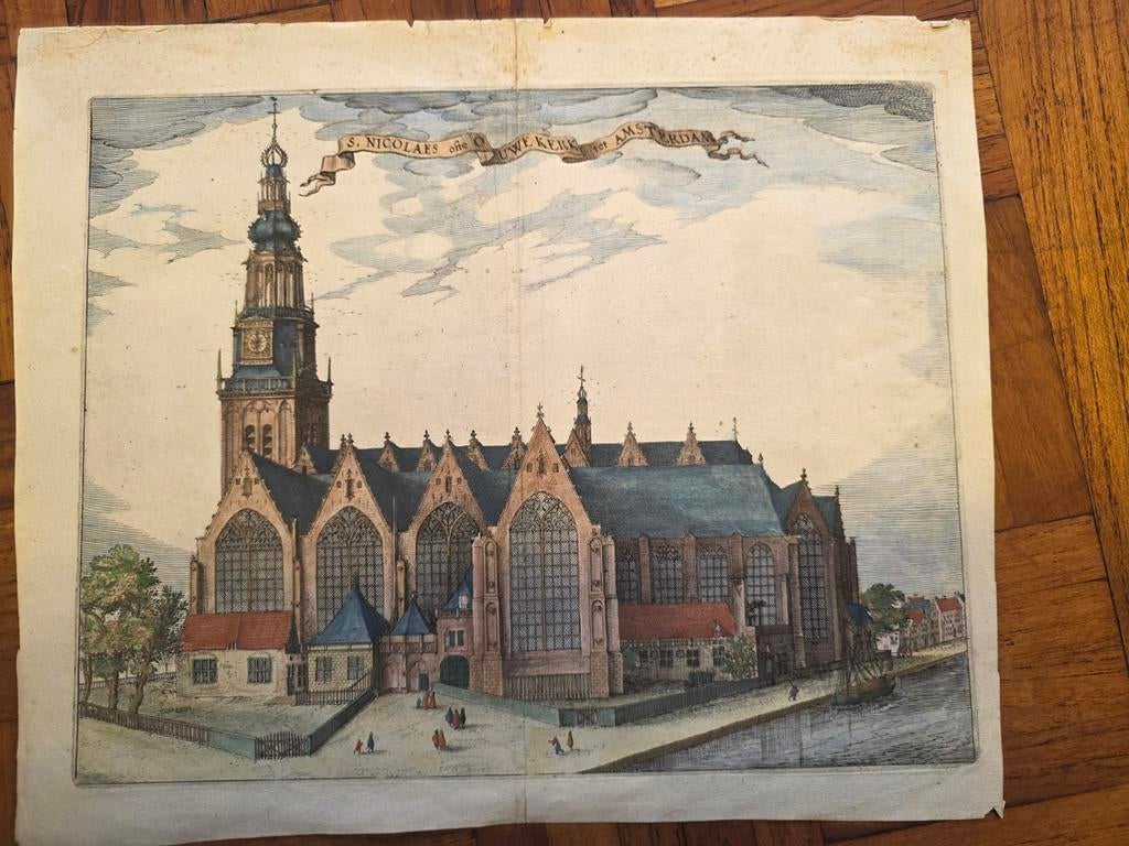 Gekleurde kopergravure van de oude kerk Amsterdam, ca.1610., Antiek en Kunst, Handgekleurd, Stadsgezicht, Gravure, 1600 - 1699
