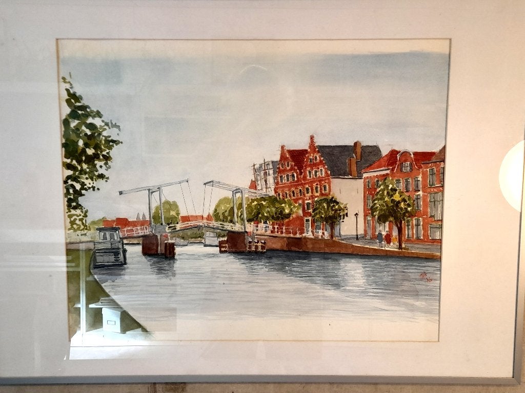 Brug in HAARLEM aquarel 50x60 cm met lijst, Ophalen