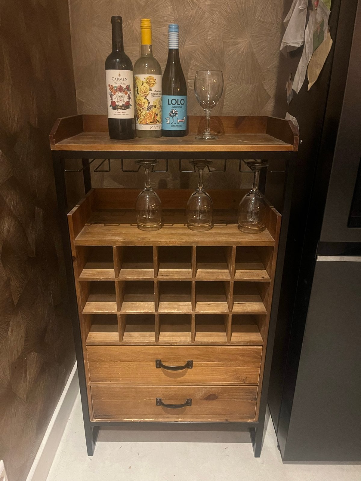 Wijn/cocktail kast - Hout en metaal, Ophalen, Gebruikt, 5 tot 15 flessen, 75 – 100