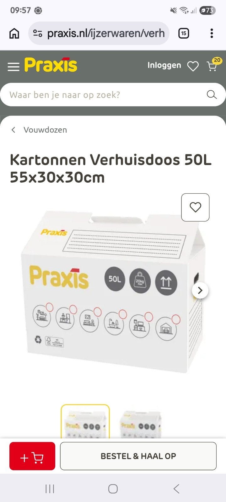 Praxis Kartonnen Verhuisdoos 50L - 55x30x30cm, Ophalen, Doos, Opvouwbaar, 50 tot 75 cm