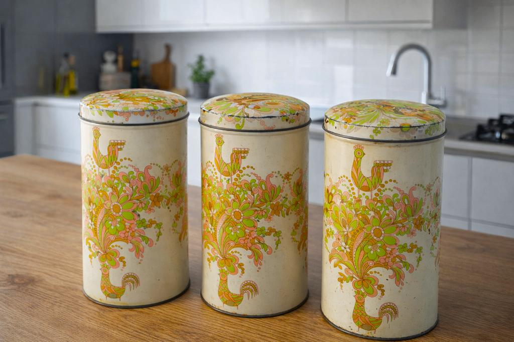 3 vintage 70's beschuitblikken gestileerde vogels/bloemen, Verzamelen, Blikken, Ophalen of Verzenden, Gebruikt, Beschuit, Verkade