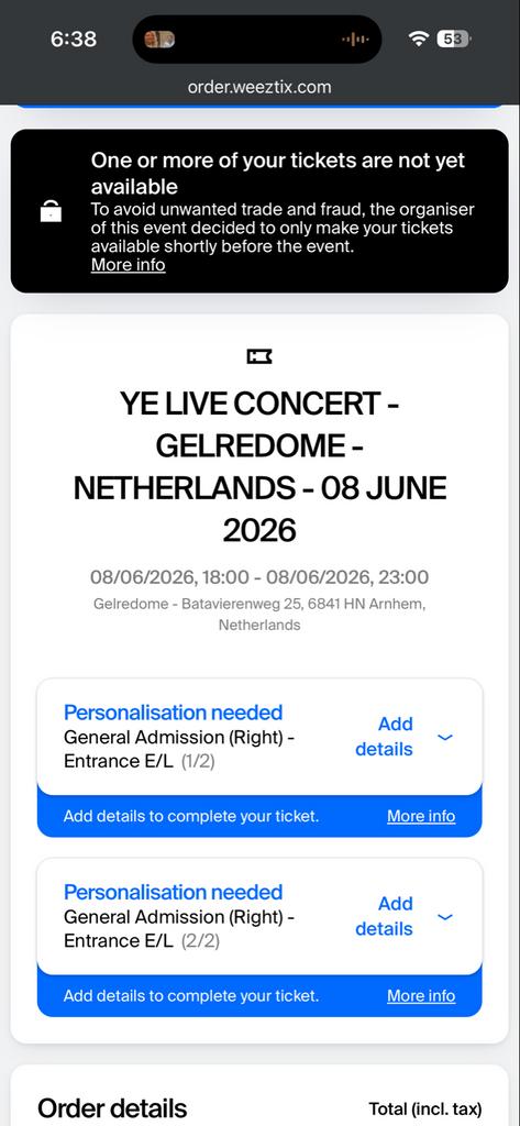 Ye Gelredome Tickets 8 juni, Tickets en Kaartjes, Twee personen, Overige soorten