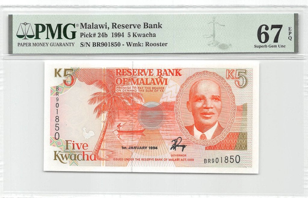 Malawi 5 Kwacha 1994 Unc PMG 67 EPQ, Ophalen of Verzenden, Overige landen, Los biljet