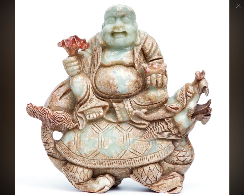 Chinese Jade Boeddha op Schildpad  龙龟 ca1960 zeldzaam 5000 g, Ophalen, Gesneden, Groen, China