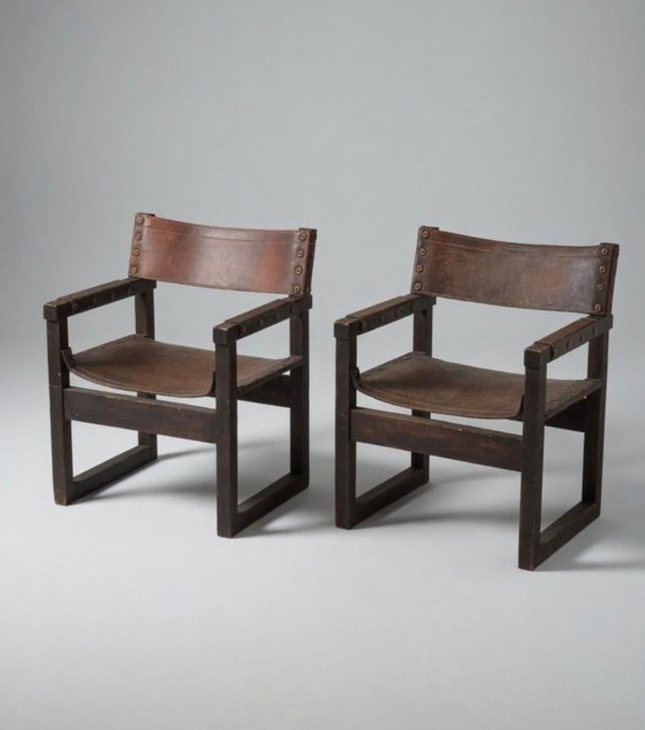 Biosca - Chair - Wood, Leather - A pair of vintage armchairs, Verzenden, Zo goed als nieuw, Bruin, Eén