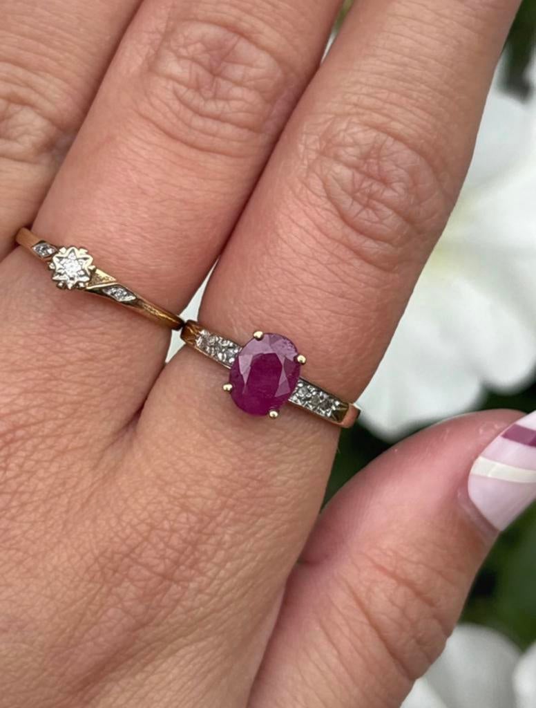 Vintage 9 karaat gouden ring met diamant (en een spinel?), Zo goed als nieuw, 17 tot 18, Roze, Dame