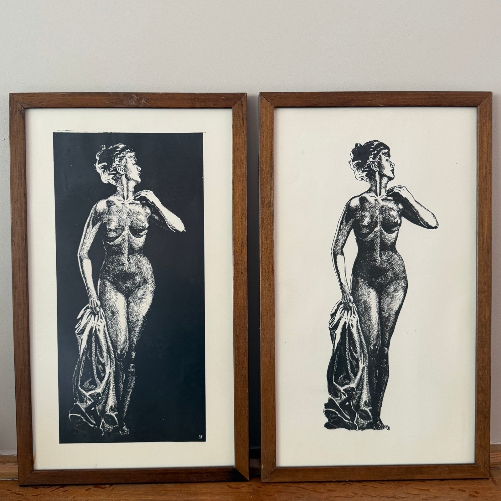 Twee vintage ingelijste naaktstudies, zwart-wit, jaren '50, Ingelijst, 1950 - 1999, Portret, Ophalen of Verzenden