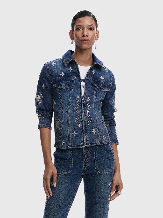 Desigual spijkerjack met borduursels - Maat L, Ophalen of Verzenden, Zo goed als nieuw, Maat 42/44 (L), Blauw