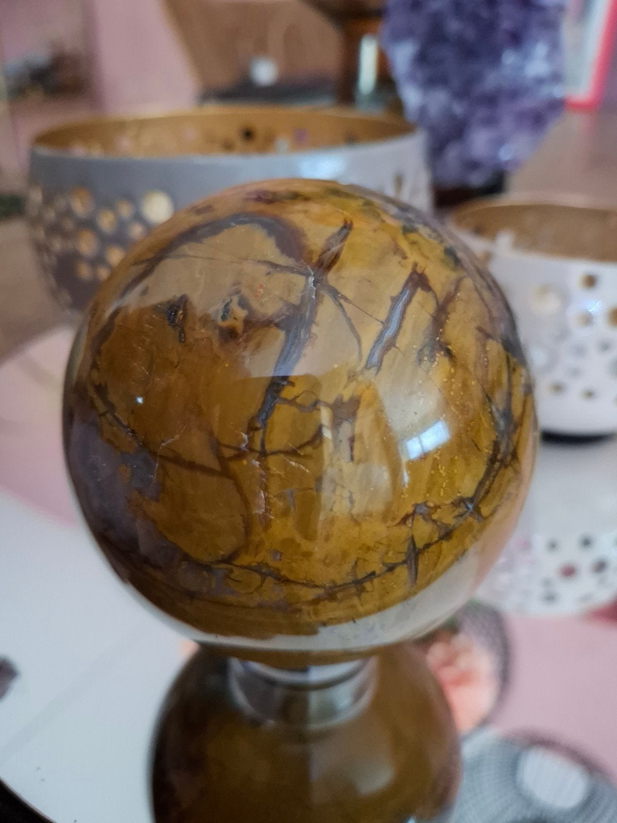 Mooie Ocean Jaspis bol – 77 mm- uniek patroon, Verzamelen, Ophalen of Verzenden, Mineraal
